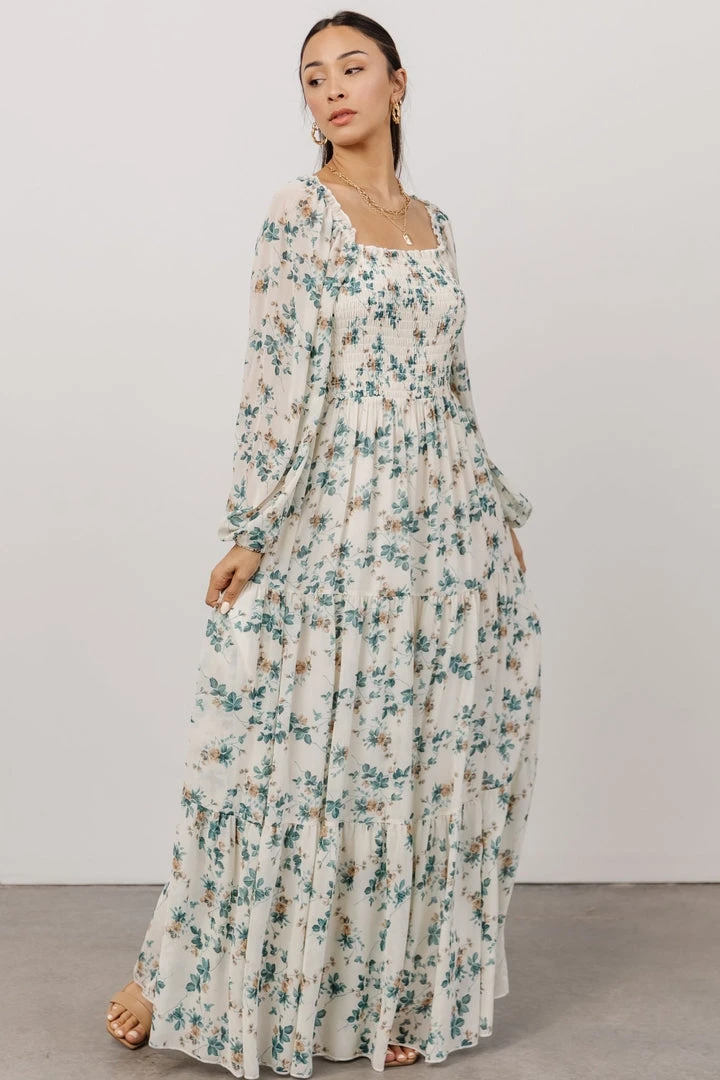 BB Custom Dresses Isabela Smocked Maxi Dress | Ivory + Topaz Floral 1 BB Custom Dresses Isabela Smocked Maxi Dress | Ivory + Topaz Floral