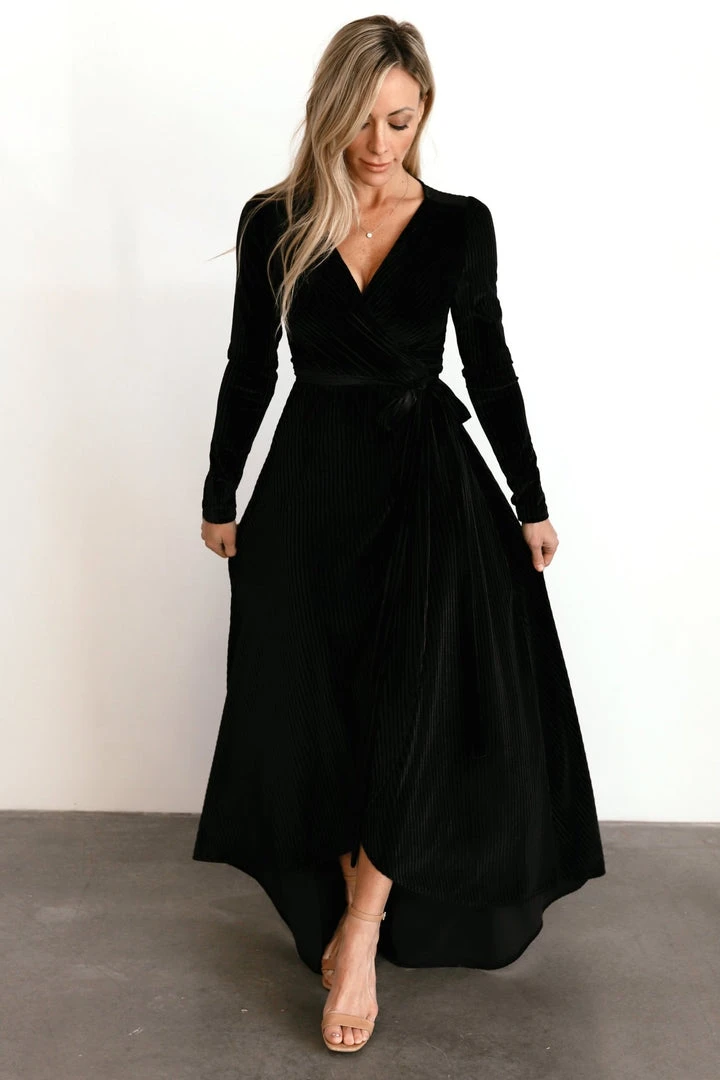 BB Custom Jada Ribbed Velvet Wrap Dress | Black Dresses 12 BB Custom Jada Ribbed Velvet Wrap Dress | Black Dresses