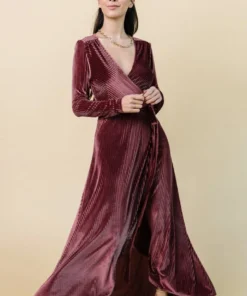 BB Custom Jada Ribbed Velvet Wrap Dress | Dark Rose