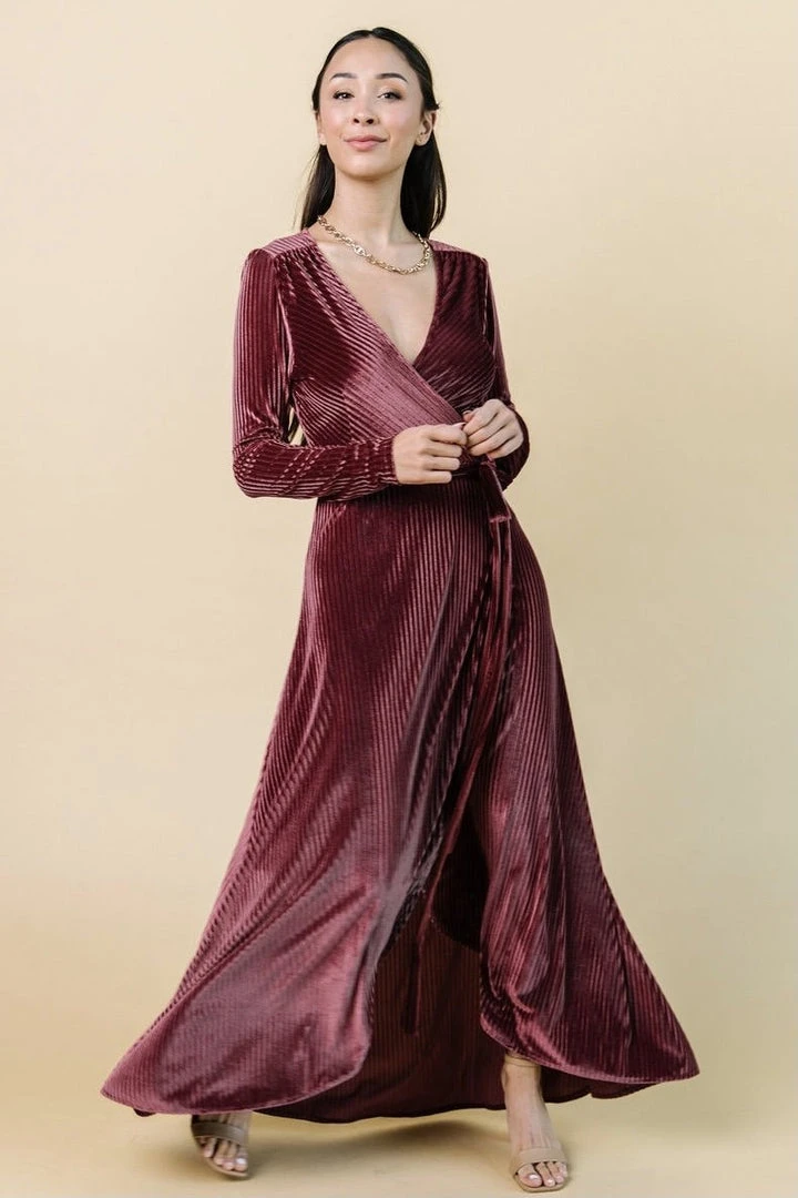 BB Custom Jada Ribbed Velvet Wrap Dress | Dark Rose 1 BB Custom Jada Ribbed Velvet Wrap Dress | Dark Rose