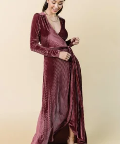 BB Custom Jada Ribbed Velvet Wrap Dress | Dark Rose