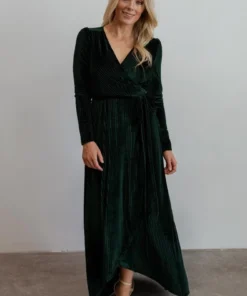 BB Custom Jada Ribbed Velvet Wrap Dress | Emerald