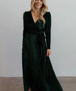 BB Custom Jada Ribbed Velvet Wrap Dress | Emerald