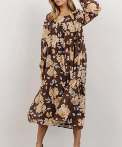 HAY Dresses Kayden Baby Doll Midi Dress | Brown Floral