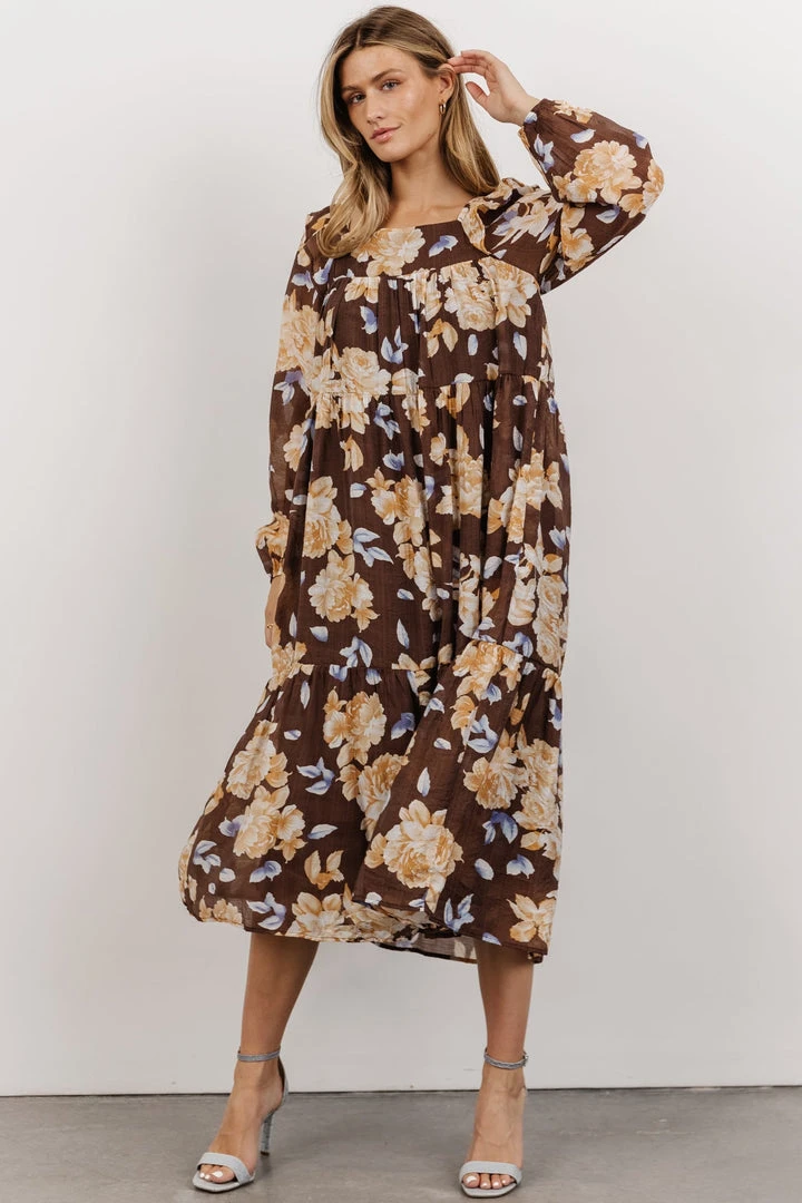 HAY Dresses Kayden Baby Doll Midi Dress | Brown Floral 1 HAY Dresses Kayden Baby Doll Midi Dress | Brown Floral