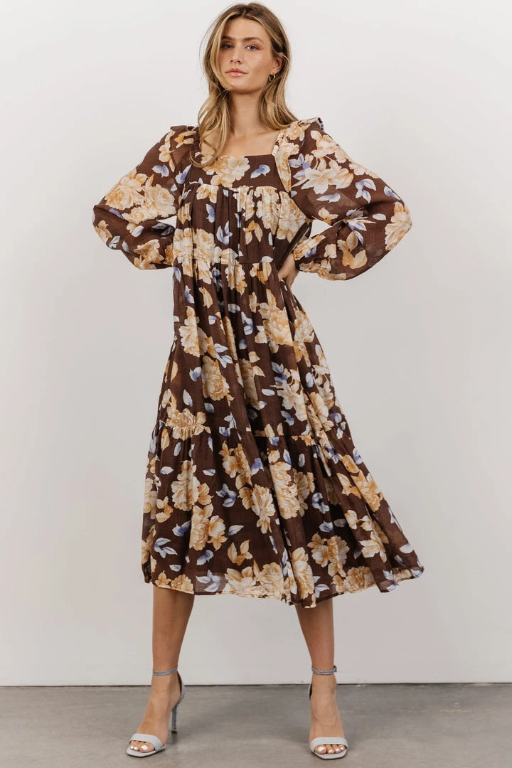 HAY Dresses Kayden Baby Doll Midi Dress | Brown Floral 3 HAY Dresses Kayden Baby Doll Midi Dress | Brown Floral
