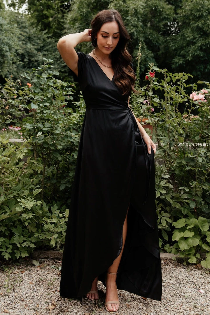 BB Custom Krystal Satin Wrap Gown | Black 3 BB Custom Krystal Satin Wrap Gown | Black