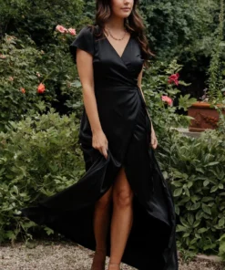 BB Custom Krystal Satin Wrap Gown | Black