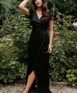 BB Custom Krystal Satin Wrap Gown | Black