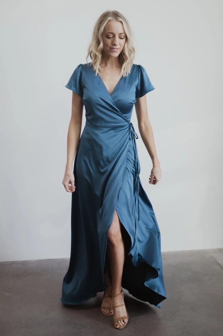 BB Custom Krystal Satin Wrap Gown | Blue Dresses 2 BB Custom Krystal Satin Wrap Gown | Blue Dresses