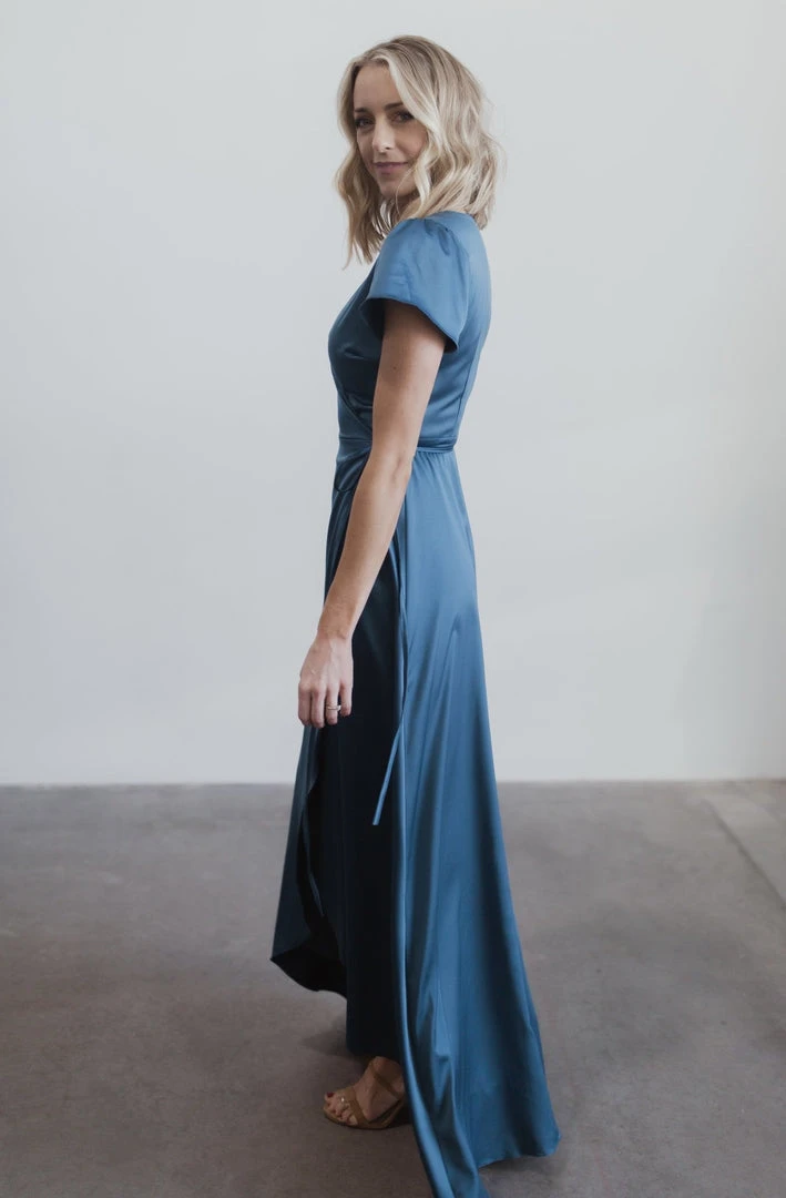 BB Custom Krystal Satin Wrap Gown | Blue Dresses 8 BB Custom Krystal Satin Wrap Gown | Blue Dresses