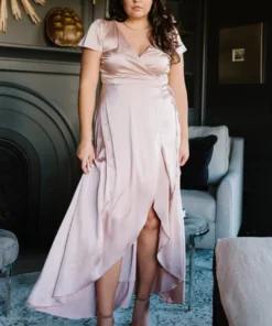 BB Custom Krystal Satin Wrap Gown | Champagne Dresses