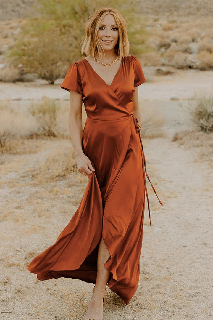 BB Custom Krystal Satin Wrap Gown | Copper Dresses 2 BB Custom Krystal Satin Wrap Gown | Copper Dresses