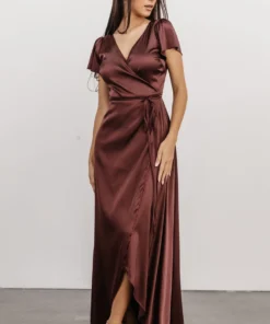 BB Custom Krystal Satin Wrap Gown | Dark Clove Dresses