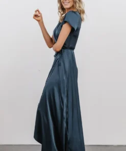 BB Custom Krystal Satin Wrap Gown | Deep Blue Dresses
