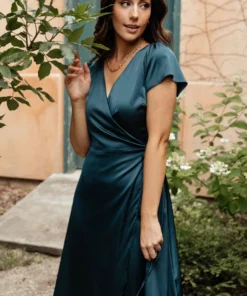 BB Custom Krystal Satin Wrap Gown | Deep Blue Dresses