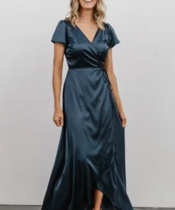 BB Custom Krystal Satin Wrap Gown | Deep Blue Dresses