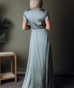 BB Custom Dresses Krystal Satin Wrap Gown | Eucalyptus