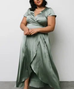 BB Custom Dresses Krystal Satin Wrap Gown | Eucalyptus