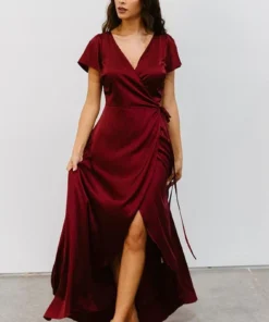 BB Custom Krystal Satin Wrap Gown | Wine