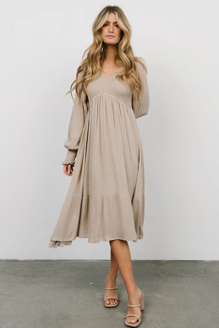 IL Dresses Lainey Smocked Dotted Midi Dress | Beige 8 IL Dresses Lainey Smocked Dotted Midi Dress | Beige