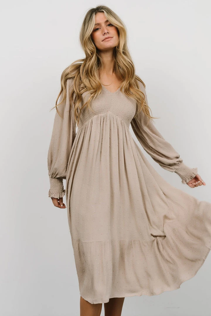 IL Dresses Lainey Smocked Dotted Midi Dress | Beige 6 IL Dresses Lainey Smocked Dotted Midi Dress | Beige