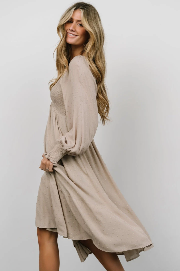 IL Dresses Lainey Smocked Dotted Midi Dress | Beige 4 IL Dresses Lainey Smocked Dotted Midi Dress | Beige