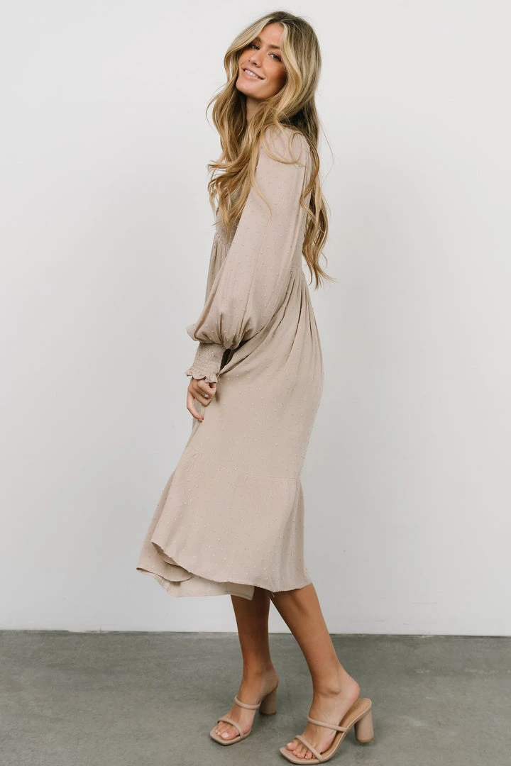 IL Dresses Lainey Smocked Dotted Midi Dress | Beige 7 IL Dresses Lainey Smocked Dotted Midi Dress | Beige