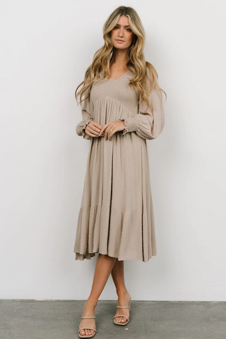 IL Dresses Lainey Smocked Dotted Midi Dress | Beige 10 IL Dresses Lainey Smocked Dotted Midi Dress | Beige