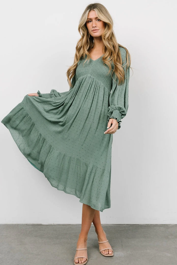 IL Lainey Smocked Dotted Midi Dress | Dark Sage Dresses 3 IL Lainey Smocked Dotted Midi Dress | Dark Sage Dresses