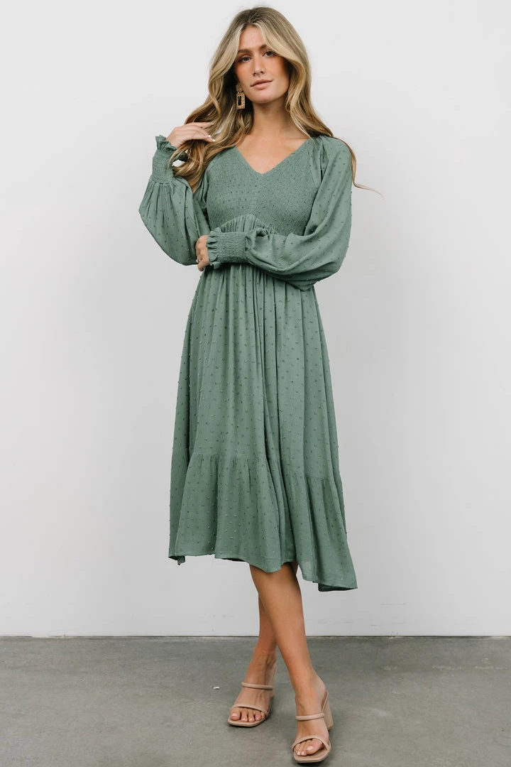 IL Lainey Smocked Dotted Midi Dress | Dark Sage Dresses 6 IL Lainey Smocked Dotted Midi Dress | Dark Sage Dresses