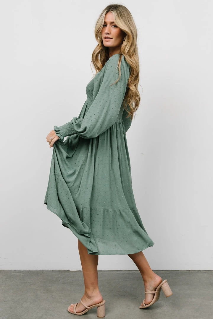 IL Lainey Smocked Dotted Midi Dress | Dark Sage Dresses 4 IL Lainey Smocked Dotted Midi Dress | Dark Sage Dresses