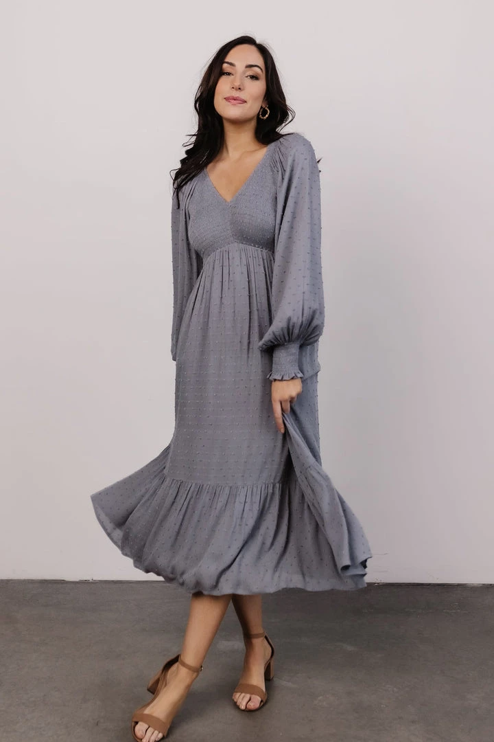 IL Lainey Smocked Dotted Midi Dress | Dusty Blue Dresses 1 IL Lainey Smocked Dotted Midi Dress | Dusty Blue Dresses