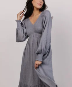 IL Lainey Smocked Dotted Midi Dress | Dusty Blue Dresses
