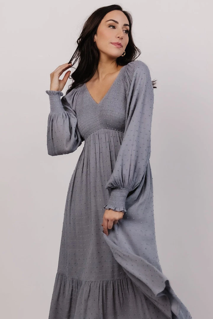 IL Lainey Smocked Dotted Midi Dress | Dusty Blue Dresses 2 IL Lainey Smocked Dotted Midi Dress | Dusty Blue Dresses