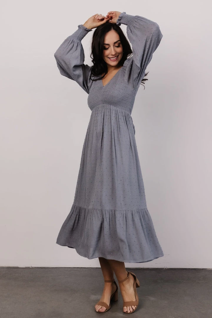 IL Lainey Smocked Dotted Midi Dress | Dusty Blue Dresses 3 IL Lainey Smocked Dotted Midi Dress | Dusty Blue Dresses