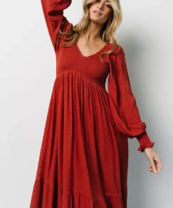 IL Lainey Smocked Dotted Midi Dress | Rust