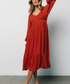 IL Lainey Smocked Dotted Midi Dress | Rust