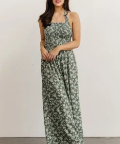 KM Lana Halter Jumpsuit | Green Floral Boho