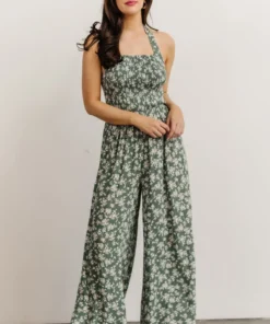 KM Lana Halter Jumpsuit | Green Floral Boho