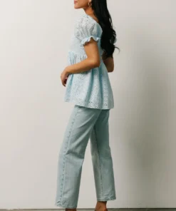 IL Tops Lauren Eyelet Babydoll Top | Powder Blue 12 IL Tops Lauren Eyelet Babydoll Top | Powder Blue