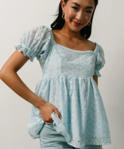 IL Tops Lauren Eyelet Babydoll Top | Powder Blue 17 IL Tops Lauren Eyelet Babydoll Top | Powder Blue