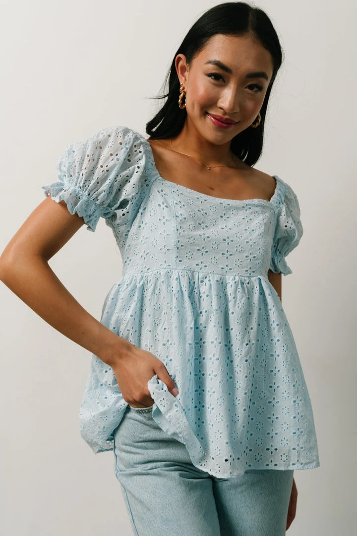IL Tops Lauren Eyelet Babydoll Top | Powder Blue 9 IL Tops Lauren Eyelet Babydoll Top | Powder Blue