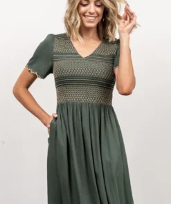 POL Leeds Smocked Maxi Dress | Green