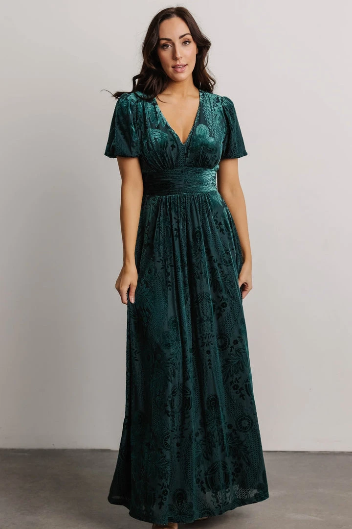 BB Custom Dresses Leslie Embossed Velvet Maxi | Emerald 1 BB Custom Dresses Leslie Embossed Velvet Maxi | Emerald