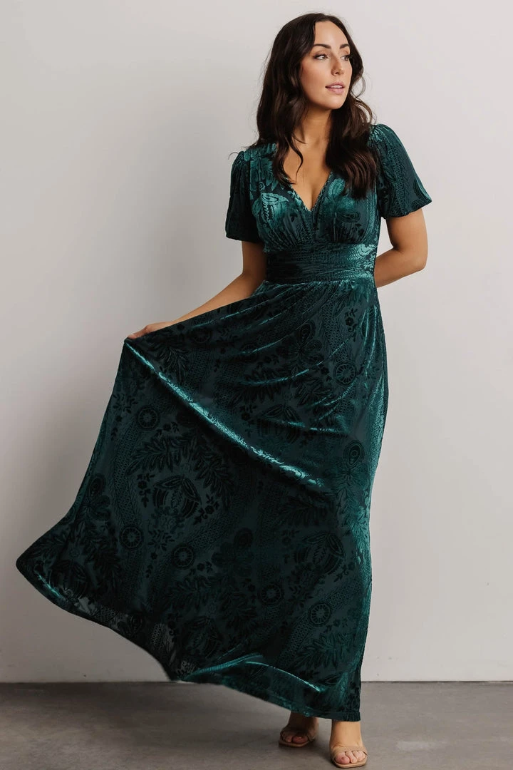 BB Custom Dresses Leslie Embossed Velvet Maxi | Emerald 3 BB Custom Dresses Leslie Embossed Velvet Maxi | Emerald