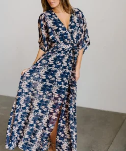 BB Custom Luca Jacquard Kimono Maxi Dress | Blue + Pink Floral Dresses