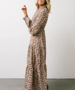 HAY Luella Smocked Maxi Dress | Beige + Mauve Floral