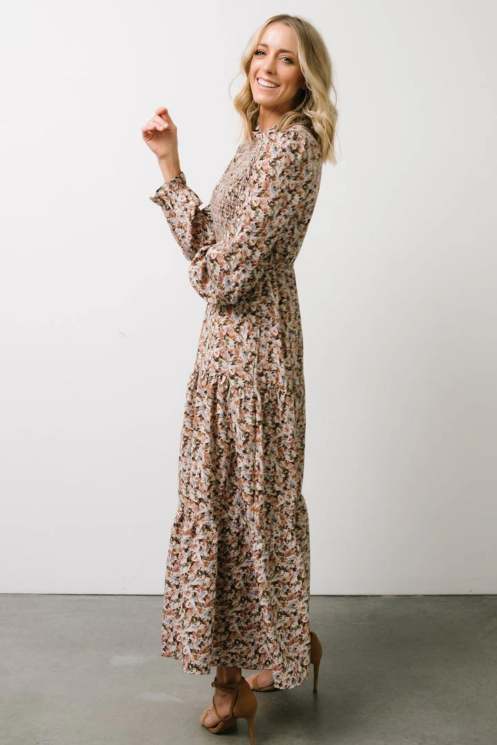 HAY Luella Smocked Maxi Dress | Beige + Mauve Floral 2 HAY Luella Smocked Maxi Dress | Beige + Mauve Floral