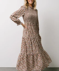 HAY Luella Smocked Maxi Dress | Beige + Mauve Floral